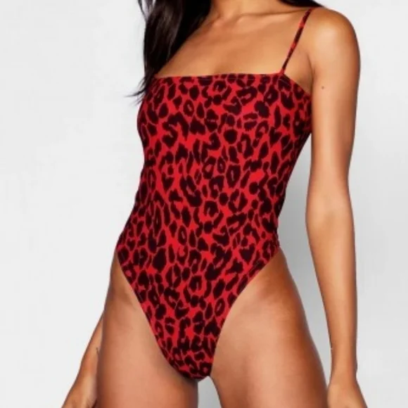 Boohoo Size 10 Red and Black Leopard Print Bodycon Catsuit - Picture 3 of 4